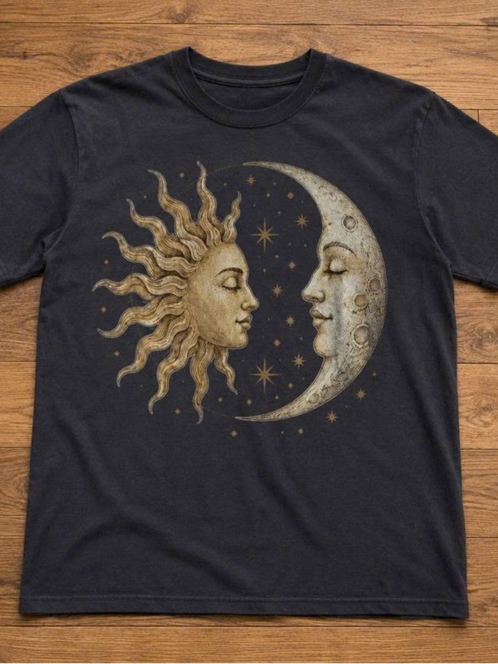 Sun and Moon Black Tee with Gold Sun & Silver Moon Graphic